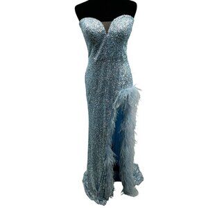 Alyce Paris Sequin Feathered Prom Dress Strapless Silver Lake Blue Size 12 New